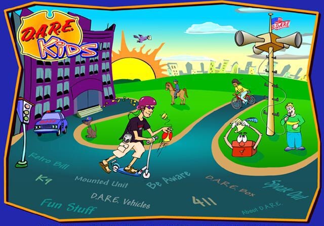 LAPD Kids - The image portrays a city park, a police station and 9 characters to navigate through the website. The descriptions of these characters are in the hot spot alt tags.